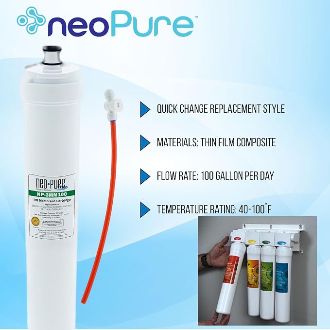 Neo-Pure NP-3MM100 SQC Reverse Osmosis Membrane Cartridge, 100 GPD TFC Filter Compatible with Water Factory 66-4706G2 for SQC3 and SQC4 RO Systems – Single