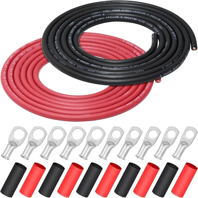 iGreely 8 Gauge 8 AWG Welding Battery Pure Copper Flexible Cable,10 Feet Black +10 Feet Red OFC Wire for Solar RV,5pcs 5/16"" & 5pcs 3/8""Copper Cable Lug Terminal Connector with Heat Shrink Tubing