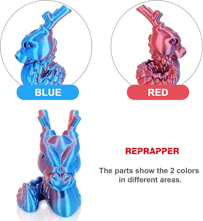 Reprapper Dual Color Filament Coextrusion PLA Filament 1.75mm for 3D Printer, Multicolor Like Rainbow PLA, 2.2lbs (1kg), Silk PLA Red & Blue
