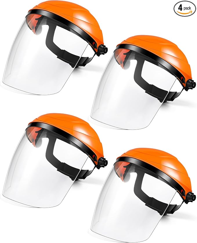 Tellegloww 4 Pack Safety Face Shield for Grinding and Cutting, Full Impact Resistant Face Shield Mask for Work Chemical Woodworking (Orange)