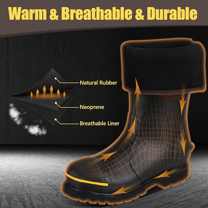 Kalkal Steel Toe Rubber Boots for Men - Waterproof Anti Slip Work Boots 6mm Neoprene Rain Boot Durable Hunting Boots with Steel Shank for Farming Gardening Construction Outdoor Work Size 5-14