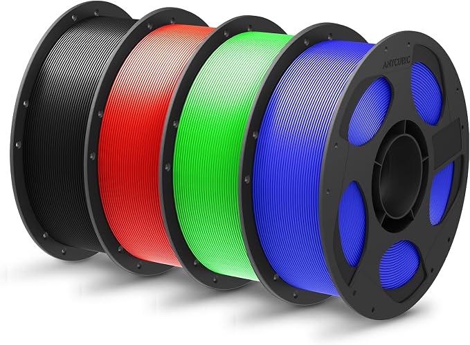 ANYCUBIC PLA Plus (PLA+), 3D Printer Filament 1.75mm Bundle, High Toughness, Dimensional Accuracy +/- 0.02mm, 4 Pack 1KG Reusable Spool, Black, Red, Green, Blue