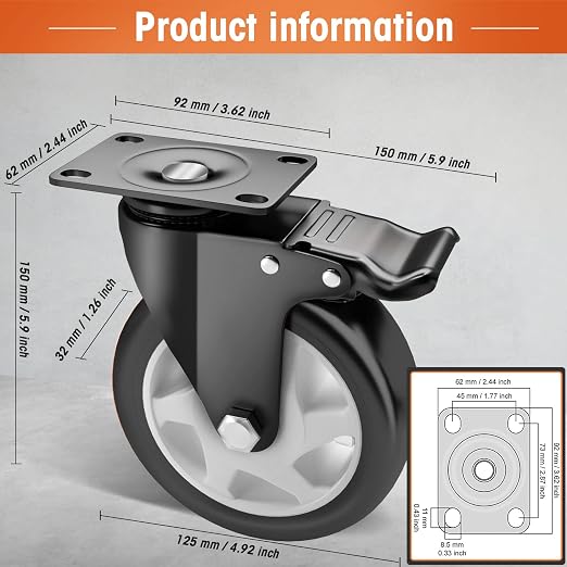 Casters, 5" Caster Wheels，Casters Set of 8 Heavy Duty - ASRINIEY Black Polyurethane Castors, Top Plate Swivel Wheels, 8-Pack Industrial Casters with Brake, Locking Casters for Furniture and Workbench