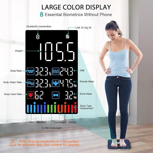 ABLEGRID Rechargeable Digital Bathroom Scale for Body Weight, Smart Scale Tracks 22 Metrics Including Body Fat, BMI, Muscle Mass, Heart Rate, Baby Mode, Large Color Display, 400 lbs