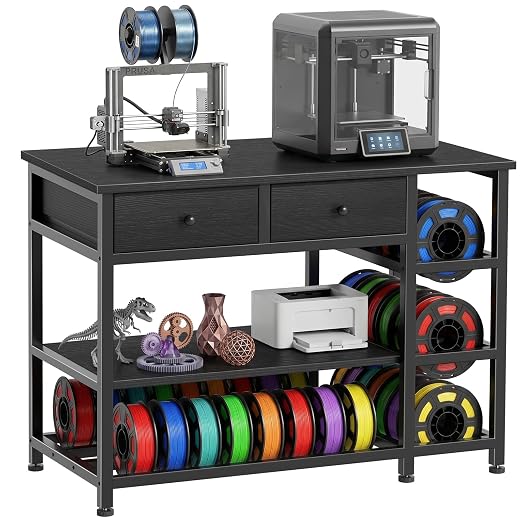 3D Printer Stand with Filament Storage - Heavy Duty 3-Tier 3 D Printer Table Shelf with 2 Fabric Drawers, 3 D Printing Desk for Tools and Supplies（Black）