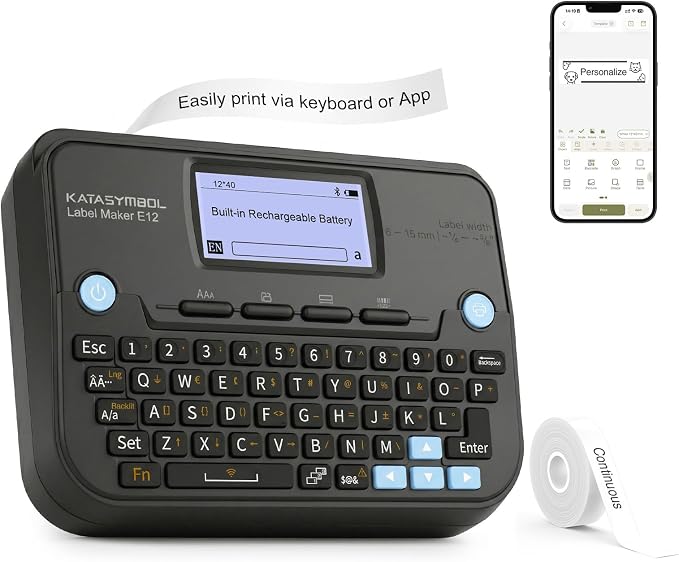 SUPVAN E12 Bluetooth Label Maker Machine, Support Keyboard & App with 30+ Fonts and 660+ Icons, Rechargeable Inkless Labeler for Office, Home, Kitchen, School, Organization, Black