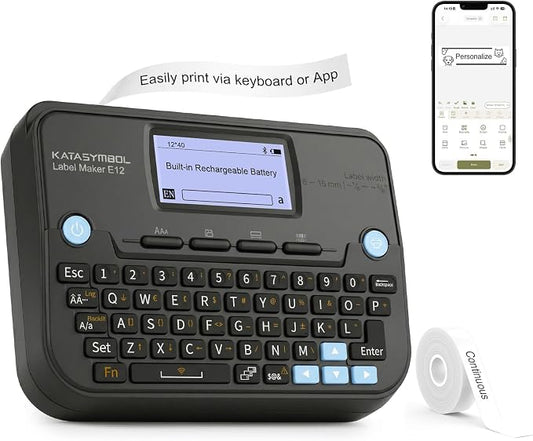 SUPVAN E12 Bluetooth Label Maker Machine, Support Keyboard & App with 30+ Fonts and 660+ Icons, Rechargeable Inkless Labeler for Office, Home, Kitchen, School, Organization, Black