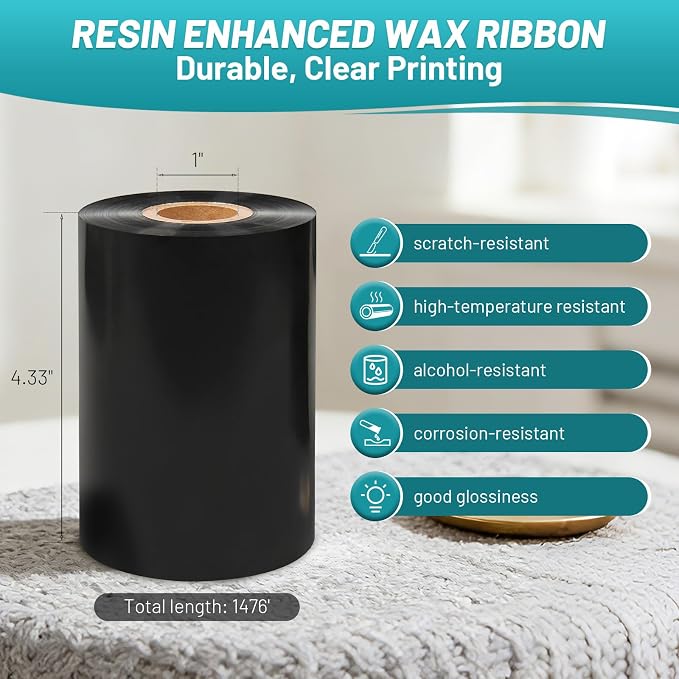 10 Rolls Resin Enhanced Wax Ribbon 4.33" x 1476' – 1" Core Thermal Transfer Ribbon for Barcode Labels, CSO-Ink Outside, Compatible with Zebra, Sato, Datamax, TSC, GoDex, Citizen