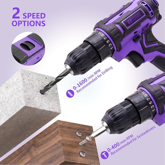 Purple 20V Cordless Drill Electric Drill set, Electric Screwdriver with 2 Batteries & Charger, 3/8" Keyless Chuck, 25+1 Torque 2-Speed Hammer Drill, Drill Bits Kit for Home DIY & Woodworking