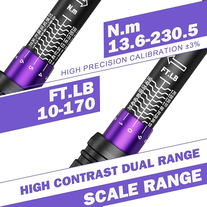 ANPUDS 1/2 Inch Drive Click Torque Wrench,10-170 Ft-Lb/13.6-230.5 Nm | Dual-direction Adjustable Torque Wrench with Dual Range Scales, 72 Tooth, ±3% High Precision for Moto, Car Maintenance
