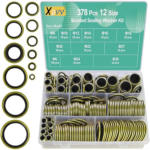 XBVV 378 Pcs Bonded Sealing Washer Kit and 595 Pcs NBR Air Conditioning O-Ring Kit (2 Pack)