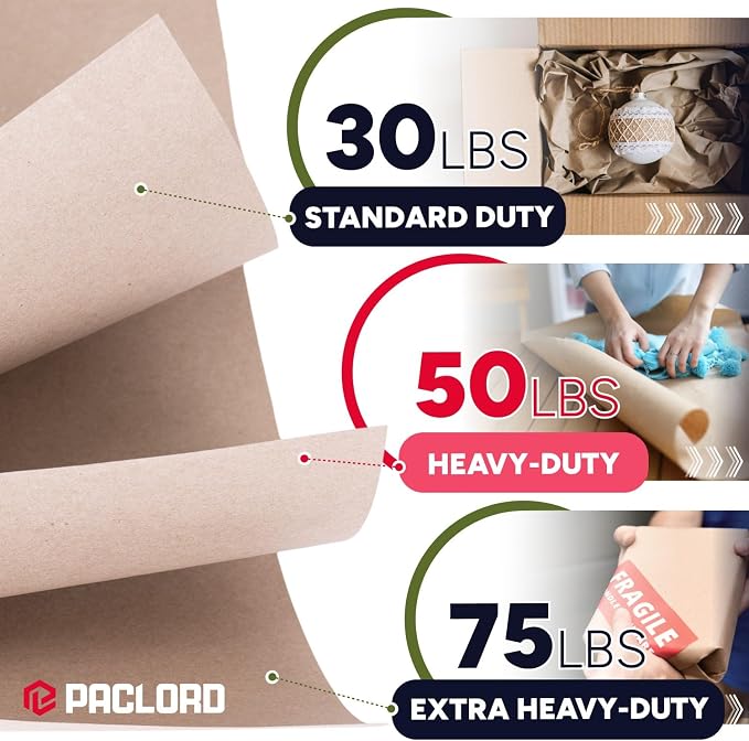 Paclord 18" x 8640" (720 feet) Natural Brown Kraft Paper Roll, 50 Lb Heavy-Duty – Made in USA Large Roll of Brown Wrapping Paper, 3-inch Core – for Packaging, Void Filling, Shipping, School, Crafts | 50 Lb Heavy-Duty – Made in USA Large Roll of Brown W...