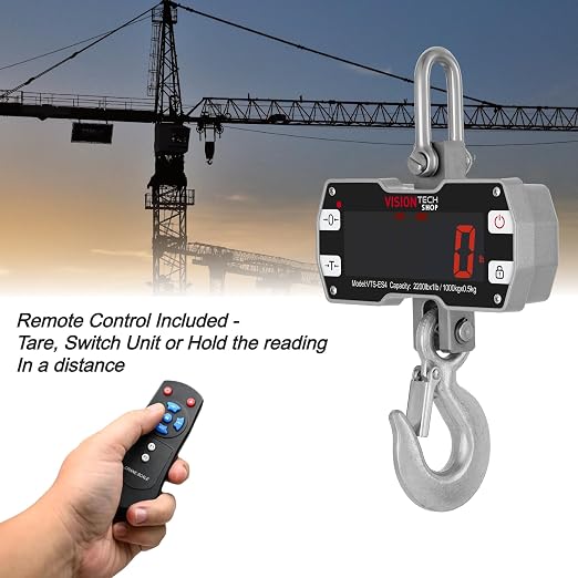 VisionTechShop Digital Crane Scale, VTS-ES4 2200lb/1000kg Heavy Duty Compact Hanging Industrial Scale with Remote Control, Large LED Display, Smart Accuracy for Farm, Factory, Construction
