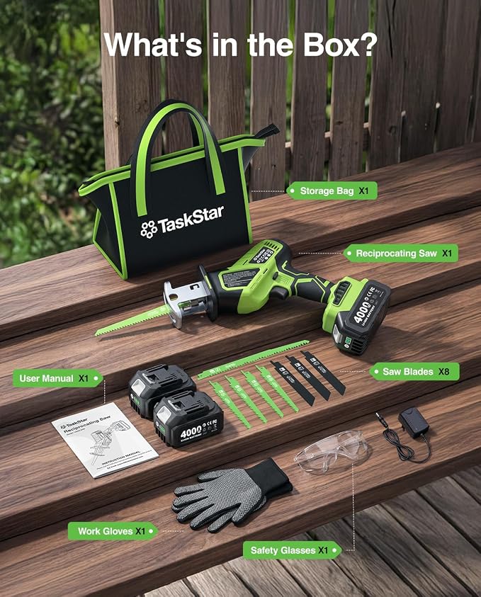 TaskStar Cordless Reciprocating Saw 21V: One-Handed Reciprocating Saw with 0-3500 RPM Brushless Motor, 2 x 4.0Ah Batteries, 8 Quick-Change Blades, LED Light, Perfect for Wood PVC Metal Cutting