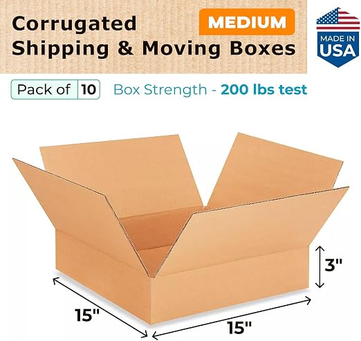 Medium Moving & Shipping Boxes 15x15x3 inches (10-Pack) - Extra Strength 200 lb vs Regular - USA-Made Corrugated Durable Shipping Boxes - Box Shipping Box - Corrugated Packaging Box by IDL Packaging