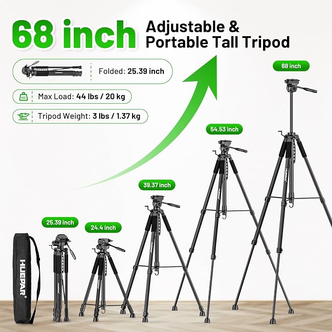 Huepar Professional Laser Level Tripod, Fathers Day Dad Gifts, 68 Inch Adjustable Height, Suit for Heavy Duty Lasers Levels, Point Laser, Distance Measure - Phone Holder, 1/4" & 5/8" Thread Mount
