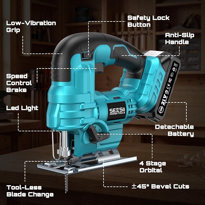 SEESII Jig Saw, Cordless Jigsaw Tool with 2×2.0Ah Batteries and Charger | ±45° Bevel Cuts, 4 Orbital for Wood Metal PVC Cutting, Variable Speed, with 9 Blades, LED Light, Safety Lock, Storage Bag