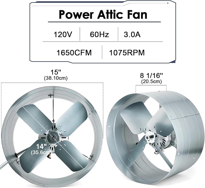 Hiorucet Upgraded 15 Inch Gable Vent Exhaust Fan, 1650CFM 2500 SQF High Performance Low Noise Gable Mount Attic Fan with Adjustable Thermostat, 14 Inch Blade and Permanently Lubricated Motor 1075RPM.