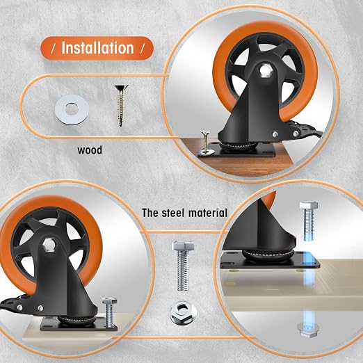 Casters, 5" Caster Wheels，Casters Set of 8 Heavy Duty - ASRINIEY Orange Polyurethane Castors, Top Plate Swivel Wheels, 8-Pack Industrial Casters with Brake, Locking Casters for Furniture and Workbench