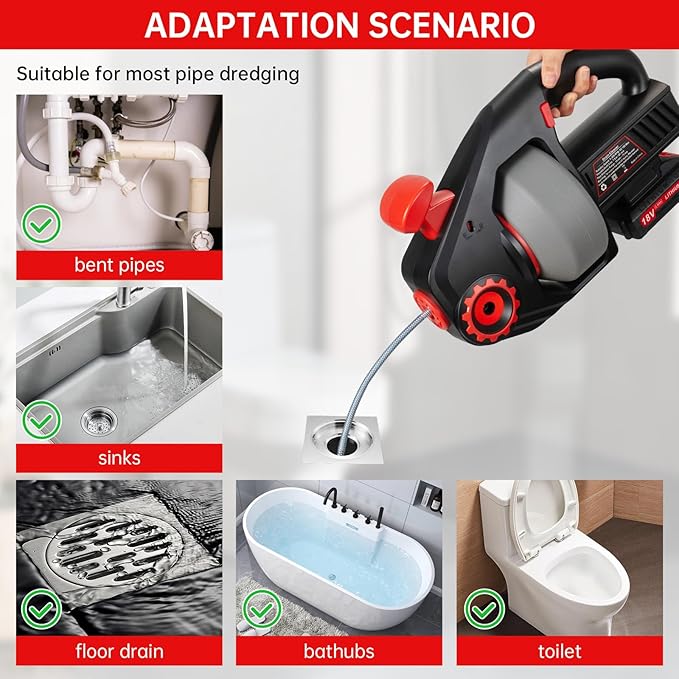 18V Cordless Electric Drain Auger-Efficient 25Ft Auto-Feed Drain Snake with Replaceable Cable,2.0Ah Battery,Charger,Storage Bag & Gloves for Kitchen,Bathroom,Shower Pipes （Red)