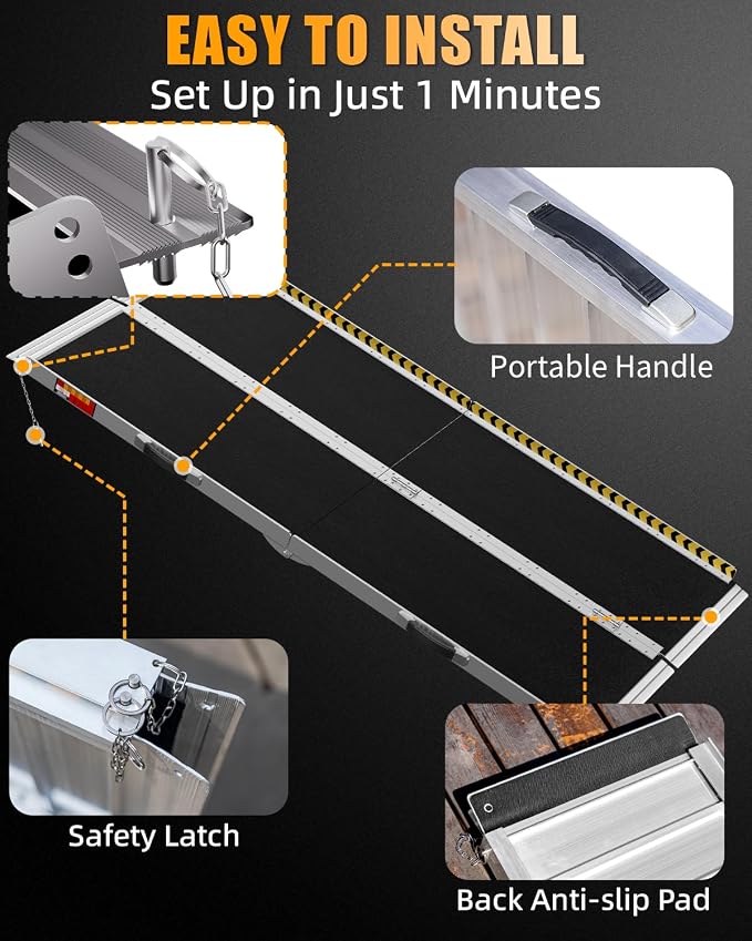VNN Portable Wheelchair Ramp 5FT, Seamless Non-Slip Aluminum Ramps for Wheelchairs for Home, Handicap Wheelchair Ramps for Home Steps, Aluminum Loading Dock Plates, Black