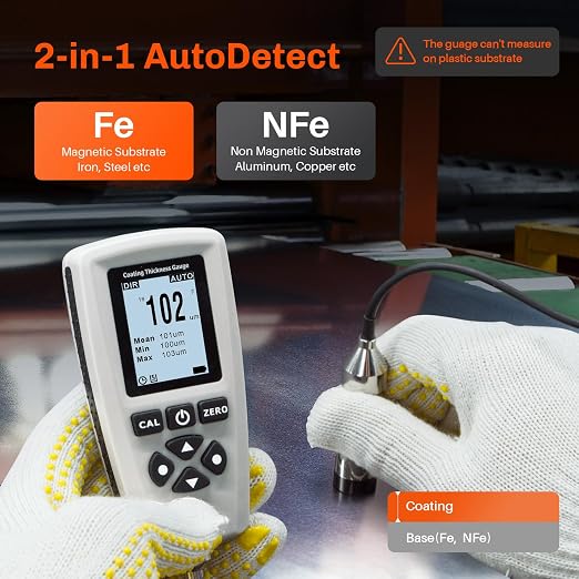 EC-770SE Professional Coating Thickness Gauge with External Probe, Digital Paint Thickness Meter, Auto-Detect Fe/NFe, 0–2000μm Measuring Range,2000 Reading Memory, USB Data Export