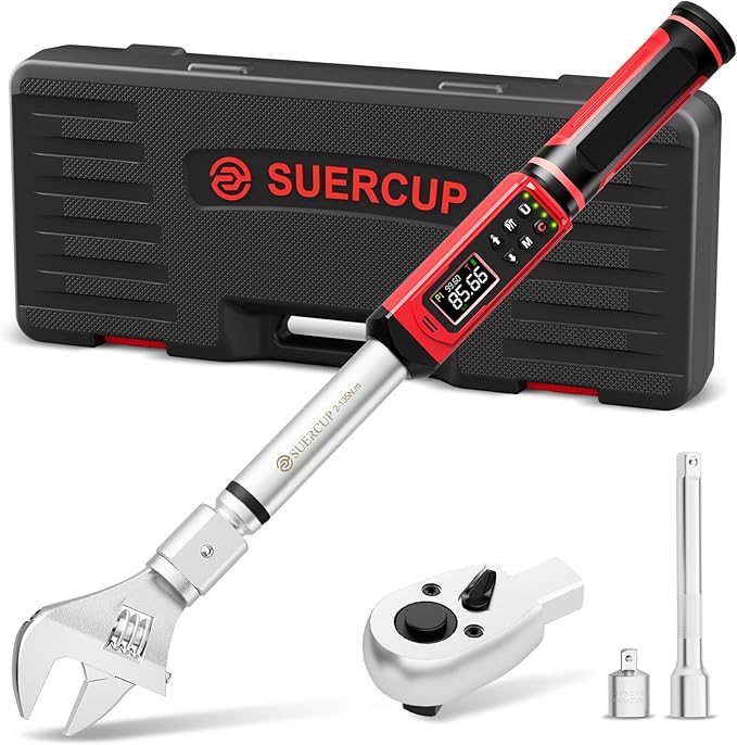 SUERCUP 1/2" Adjustable Digital Torque Wrench (1.5-99.6Ft.Lb/2-135N.m) | Interchangeable 14x18mm Head with 42mm Jaw & 1/2" Ratchet, Vibration, Buzzer & LED Flash, for HVAC, Flare Nut & Auto Repair