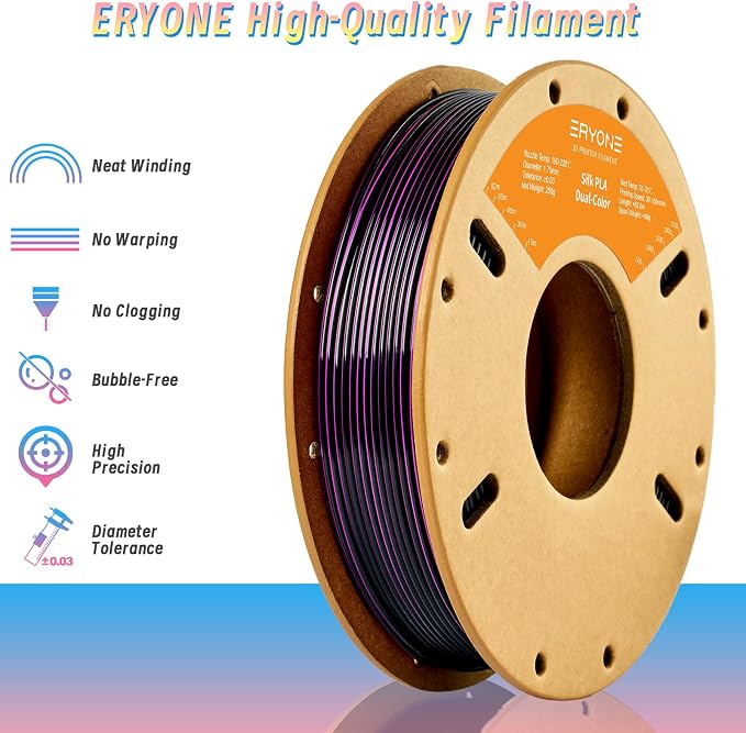 ERYONE PLA Filament 3D Printer Filament Multicolor 1.75mm +/- 0.03mm, PLA Filament 250g Spool, Silk Dual Color Black Purple