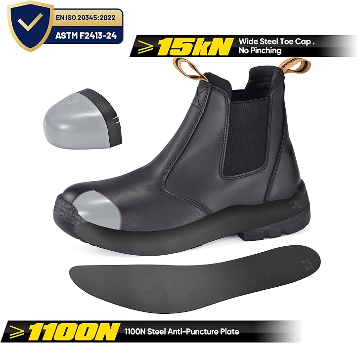 Mens Work Boots Steel Toe Chelsea Safety Boots Cow Leather Waterproof Lightweight Working Shoes