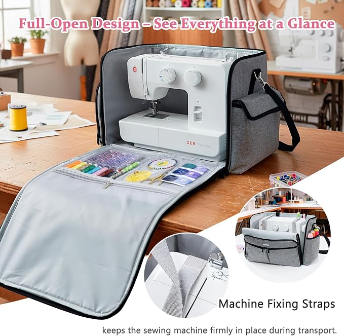 AMOIGEE Full-Open Sewing Machine Case, Large Sewing Machine Storage Bag for Travel - Heavy-Duty Embroidery Tote for Brother Singer Janome Standard Machines Holder with Pocket for Accessories and Tools