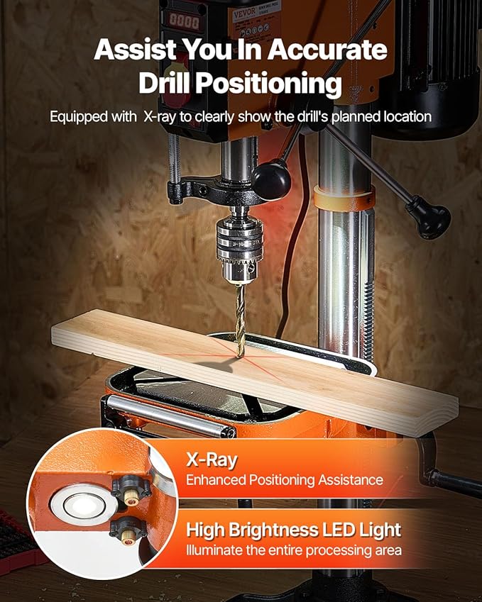 VEVOR 12 in Benchtop Drill Press, 5 Amp 120V, Variable Speed Cast Iron Bench Drill Press, 12 in Swing Distance 0-45° Tiltling Worktable with Laser Work Light, Tabletop Drilling Machine for Wood Metal