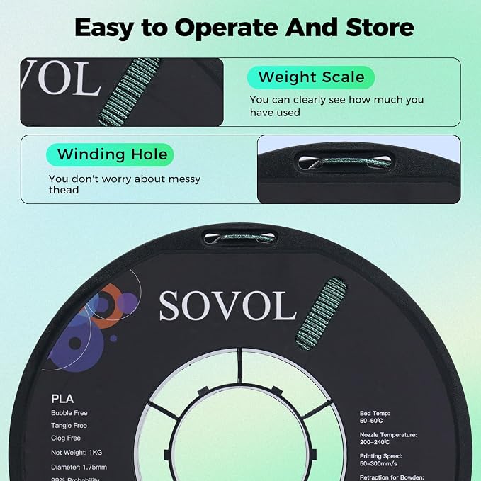 Sovol PLA Filament 10KG, Silk Tri Color & Dual Color Co-Extrusion PLA, Shiny Multicolored Fast Change Rainbow 3D Printer Filament, Matte & Glitter & Glow in The Dark PLA 1.75mm 1kg/ 2.2lbs +/-0.03mm