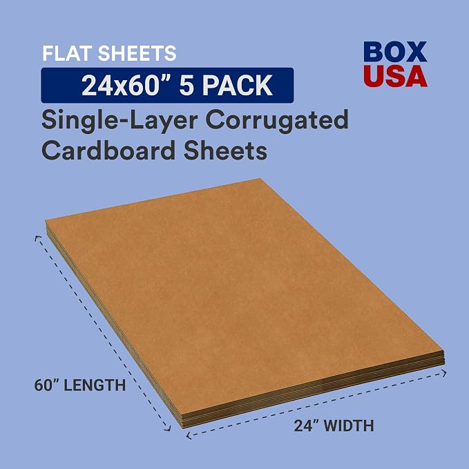 Box USA 24" x 60" 5-Pack - Large Card Board Sheets for Packaging, Layer Separation, Shipping, Mailing, Packing, and Protecting Products from Forklift Damage