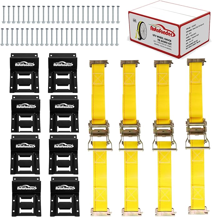 Vehicle Wheel Chock Tie Down kit 4500lb Break Strength-4 Pack 2" x9' E Track Straps-Ultimate Heavy Duty Trailer Tire Strap System for ATV,UTV,Lawn Mower | E-track ratchet straps, 8 steel chocks, bolt-on mount, ATV UTV lawn mower trailer compatible, tir...