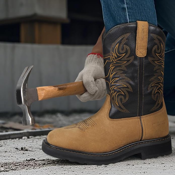 Men's Cowboy Work Boots, Square Steel Toe EVA Mid-Sole with GoodyearWelt Leather Anti Slip Western Men's Brown Boots for Manufacturing, Construction, Farming, Size 7-14