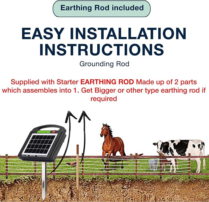 Solar Powered Electric Fence with Lithium Battery Energizer Containment & Protection of Livestock Horses Cattle Sheep Pets Easy Install Charger 0.2 Joules Output (6-9KV)