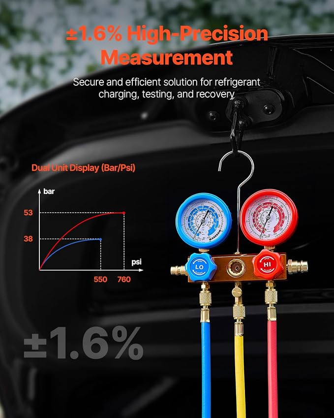 VEVOR 3.5 CFM AC Vacuum Pump and Gauge Set, Single Stage Rotary Vane HVAC Air Vacuum Pump, A/C Refrigerant Manifold Gauge Kit, with Hoses, for R134a, R12, R22, R502a, R410A, R404, R407C Refrigerants