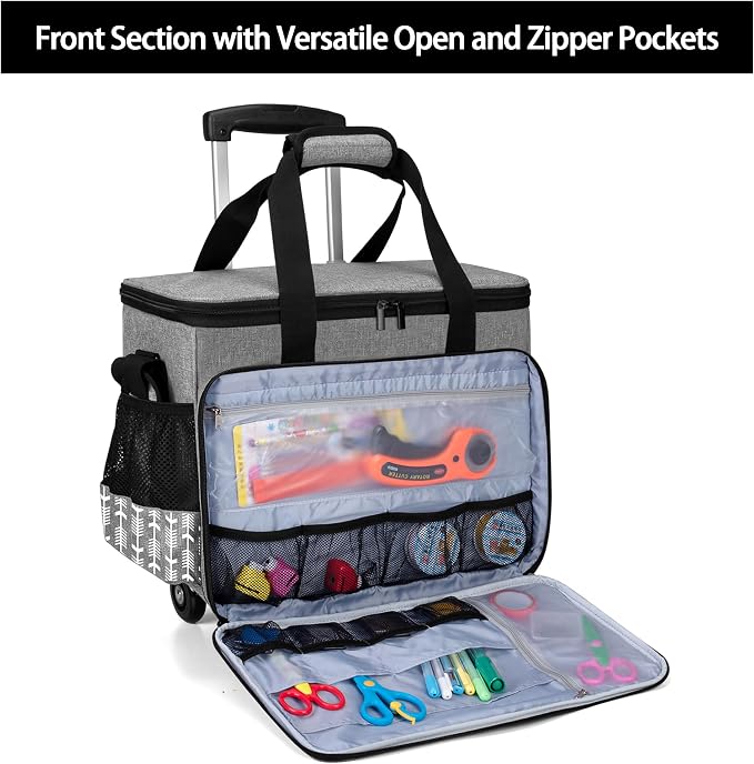 Yarwo Upgraded Rolling Craft Bag with Detachable Trolley and Multi-Pockets | Removable Bottom Board, Wheeled Scrapbook Tote, Large Teacher Gifts Bag, Rolling Briefcase for Teaching & Office, Gray Arrow