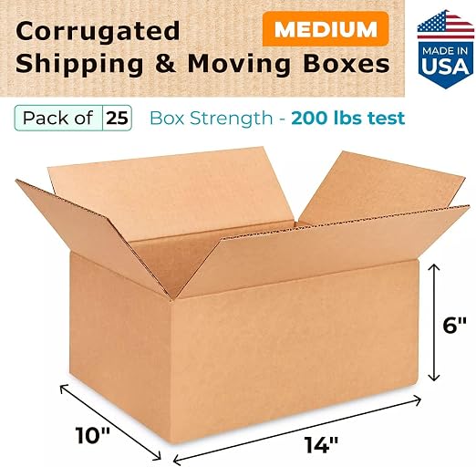 Medium Moving & Shipping Boxes 14"L x 10"W x 6"H (25-Pack) - Extra Strength 200 lb vs Regular - USA-Made Corrugated Durable Cardboard Boxes - Heavy Duty Medium Packing Box by IDL Packaging