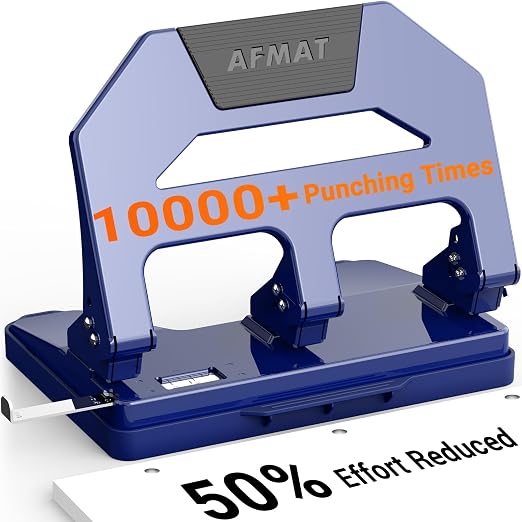 AFMAT 3 Hole Punch Heavy Duty, 40-Sheet Three Hole Puncher for Binder, 50% Reduced Effort Paper Punch, 10K+ Uses, Office Metal Hole Puncher 3 Ring w/Large Tray, Bulit-in S.S. Paper Guide, HPX2(Blue)