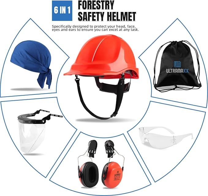 UM ULTRAMAXX 6-in-1 Chainsaw Helmet with Polycarbonate Clear Visor and Ear Muffs, Forestry Safety Hard Hat Kits, ANSI Z89.1 Approved Certified Arborist Helmet, Orange
