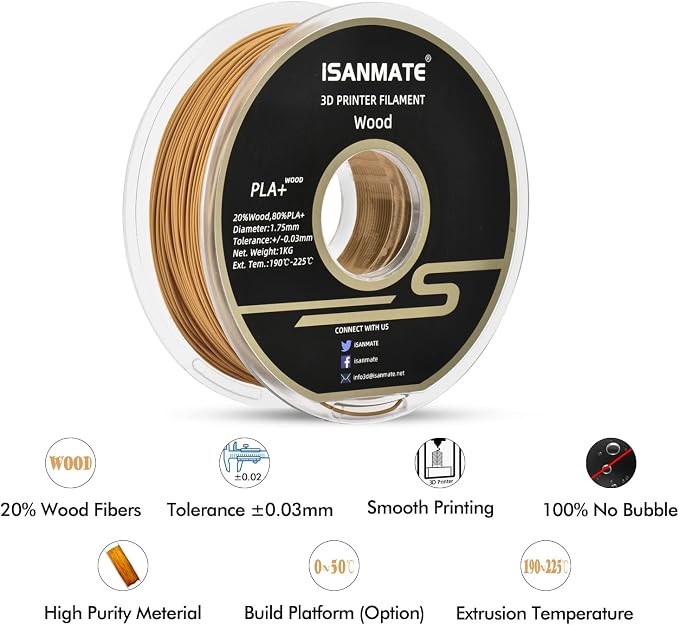 iSANMATE 3D Printer Filament - Yellow Pear PLA+ Wood Filament 1.75mm, 1kg Spool (20% Real Wood Fiber)
