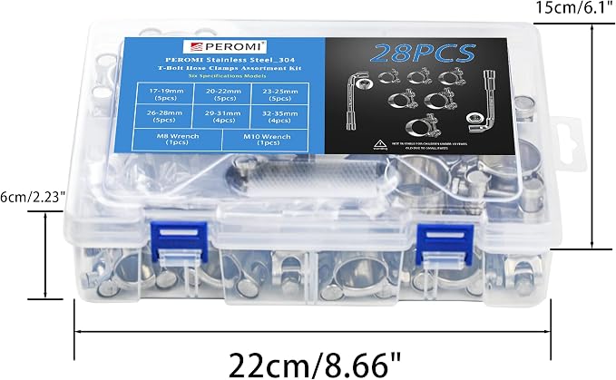 T-bolt Hose Clamps, PEROMI 28pcs 6 Size Heavy Duty Radiator Hose Clamps Assortment Kit-Size Range 17-35mm, 304 Stainless Steel Pipe Tube Clamps for Automotive Fuel Lines Radiator Hoses Turbo Intake