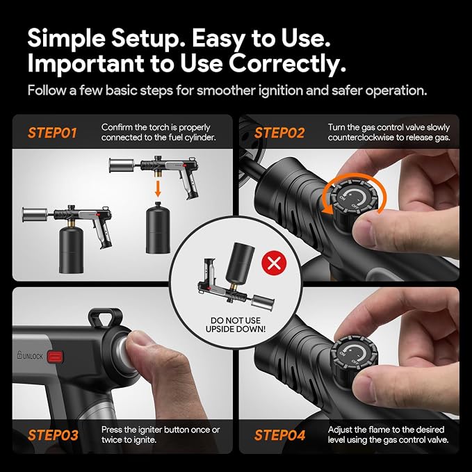 Propane Torch Gun, 30,000 Stable Ignition Kitchen Blow Torch with One-Touch Max Fire, Safety Lock & Adjustable Flame, Propane Torch Head for Searing Steak, Grill, BBQ, Charcoal Starter, Campfire