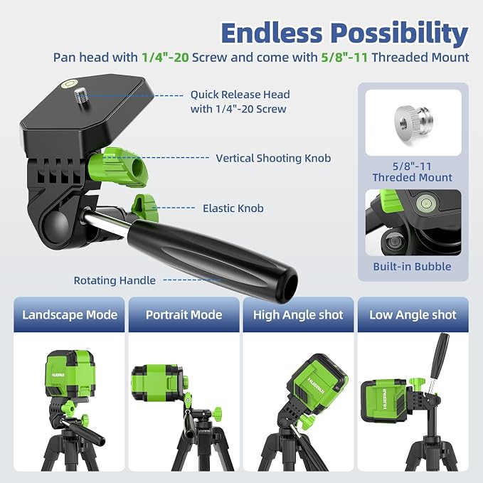 Huepar 60-Inch Lightweight Tripod Portable Adjustable Tripod for Laser Level with 3-Way Swivel Pan Head, 2 Bubble Levels, 1/4" and 5/8" Thread Mount for Varieties Tools, Only for Indoor Basic Work