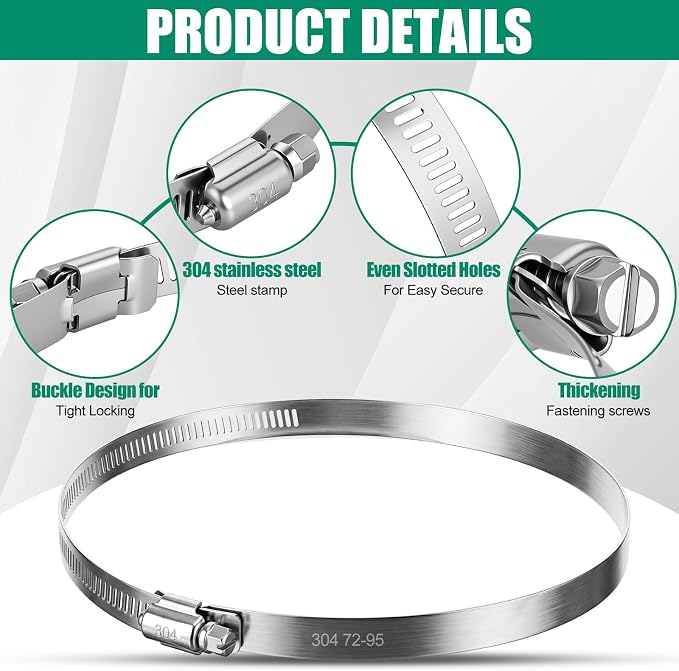 Zhengmy 50 Pack 3 Inch Stainless Steel Hose Clamps Adjustable 2-13/16" to 3-3/4" 72-95 mm Worm Gear Clamps Duct Clamp for Air Duct Automotive Fuel Dryer Vent Plumbing Industrial Use