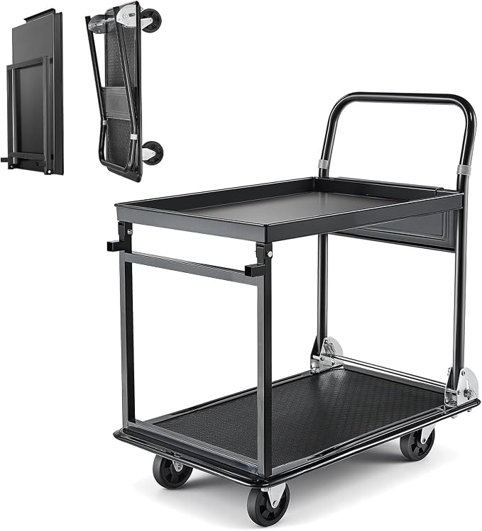 VEVOR Heavy Duty 2 Tier Platform Hand Truck, 700 lbs 2 Tier Push Tool Cart with High-Strength Steel, Utility Cart for Warehouse, Garage, Workshop, Office