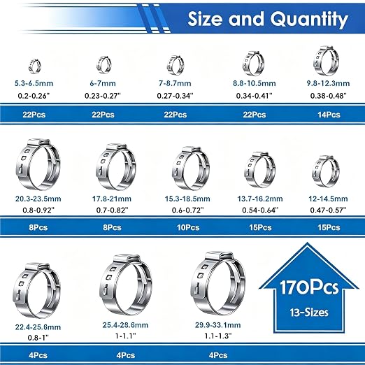 170Pcs 13 Sizes 304 Stainless Steel Single Ear Hose Clamps 5.3-31.6mm Crimp Hose Clamps Assortment Kit Perfect for Automotive/Home Appliance/Water Pipe and Fuel Line