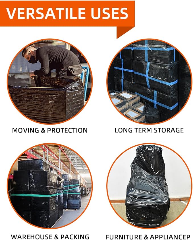 Black Stretch Wrap Film, Shrink Wrap 18in x 1500ft 4 Pack, Heavy Duty Privacy Pallet Wrap | Black film, Self-Adhesive Cling,, 80 Gauge Industrial Strength, for Privacy Moving Packing Shipping