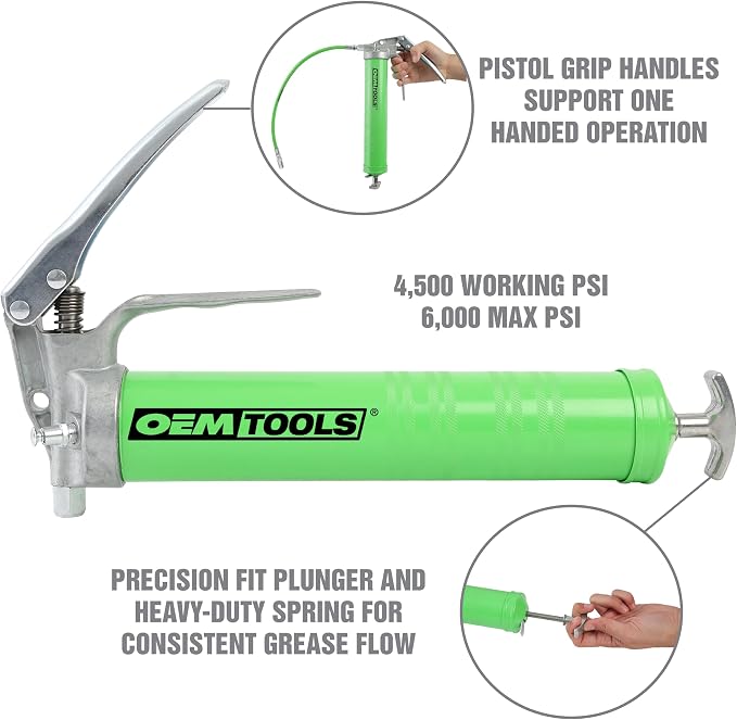 OEMTOOLS 87203 Pistol Grip Grease Gun with 18" Hose and Coupler, Grease Gun Kit, Grease Gun with Flexible Hose, Auto Grease Gun, 6000 Maximum PSI